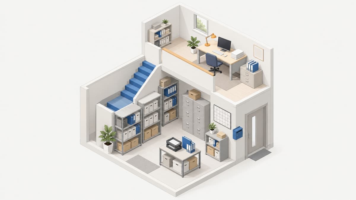 1階にDriveやフォルダ、2階にAIの作業机がある二階建ての建物を俯瞰で描いたアイソメトリック図解