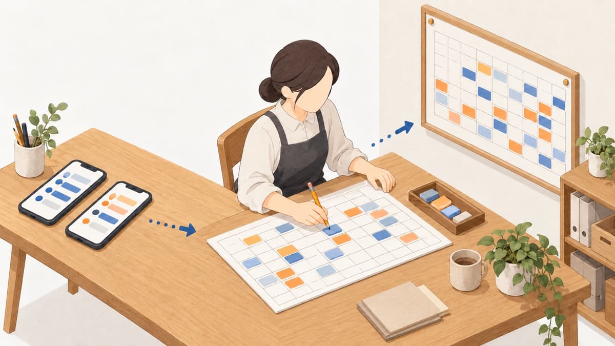 希望の回答と必要人数の表から、AIがシフトのたたき台を組み、店長が手直しして公開するまでの流れを、机の上の道具を俯瞰で並べたイラスト