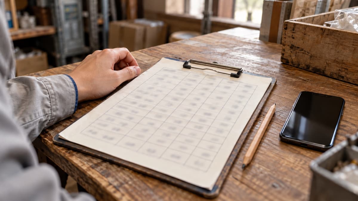 クリップボードに挟んだ手書きの棚卸し表と鉛筆、その横に置かれたスマホを、手元だけ写したクローズアップ