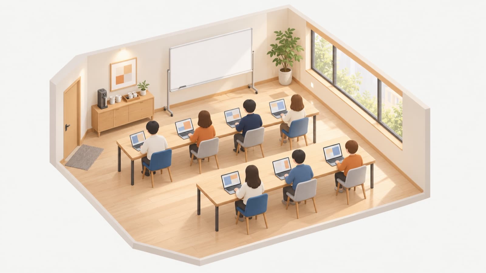 長机にノートPCが並ぶ小さな講座会場を、斜め上から俯瞰したアイソメトリックのイラスト