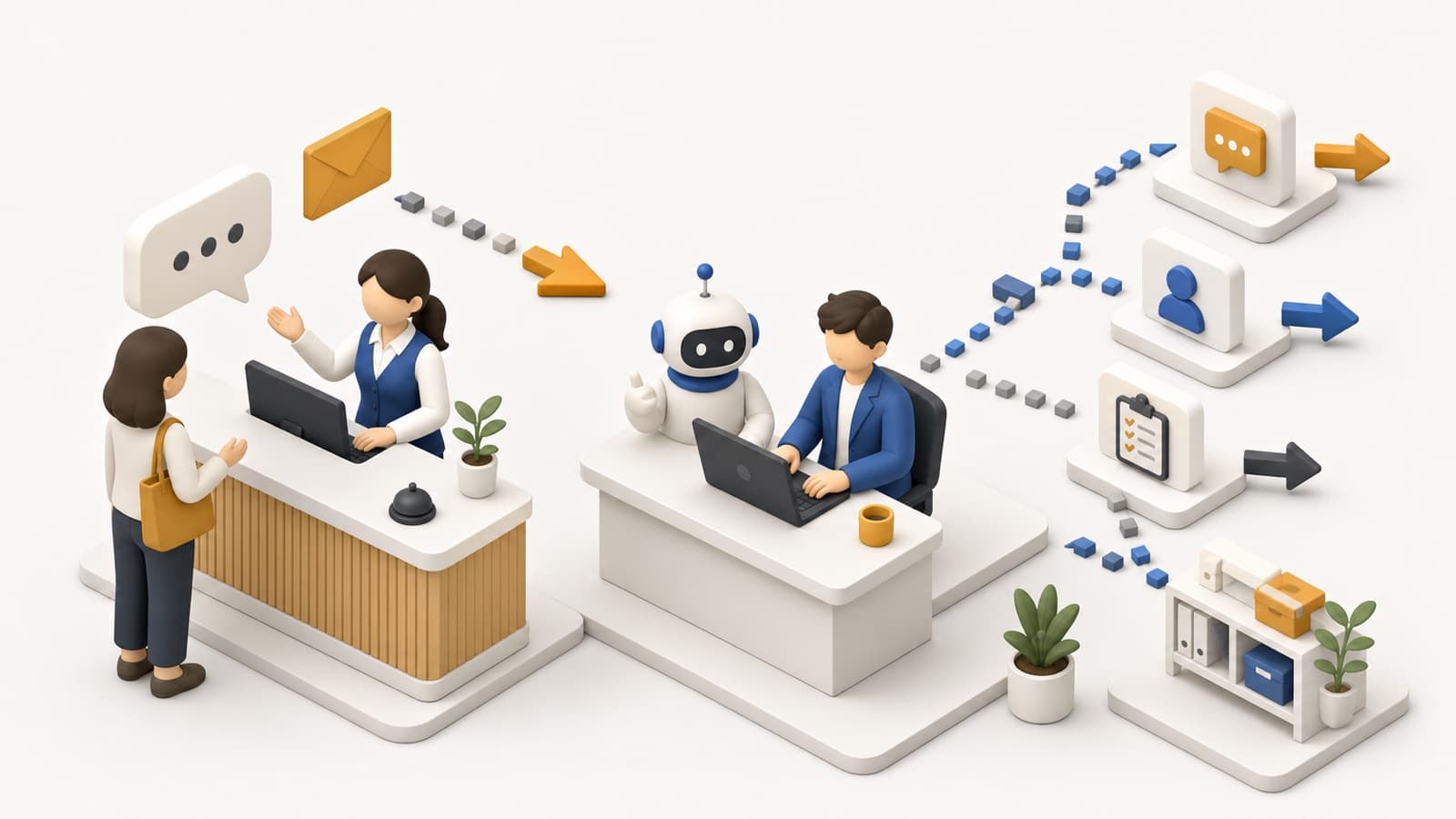 問い合わせの一次対応をAIが下支えし、人は最終確認に集中する中小企業のイメージ