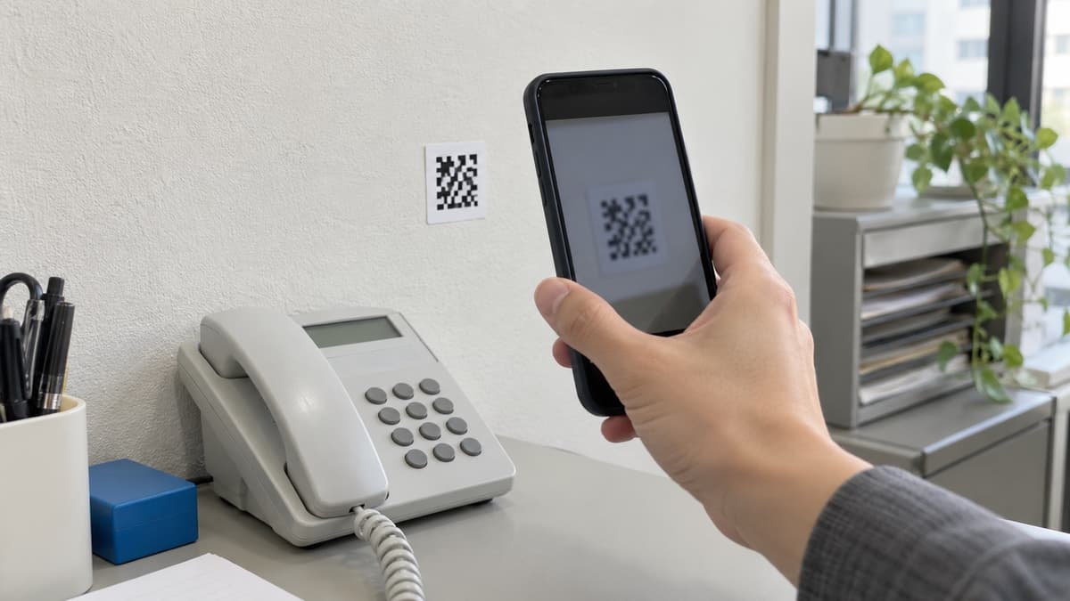 事務所の電話機の横に貼られた二次元コードをスマホで読み取り、伝言フォームを開こうとしている手元の様子を自然光で捉えた写真