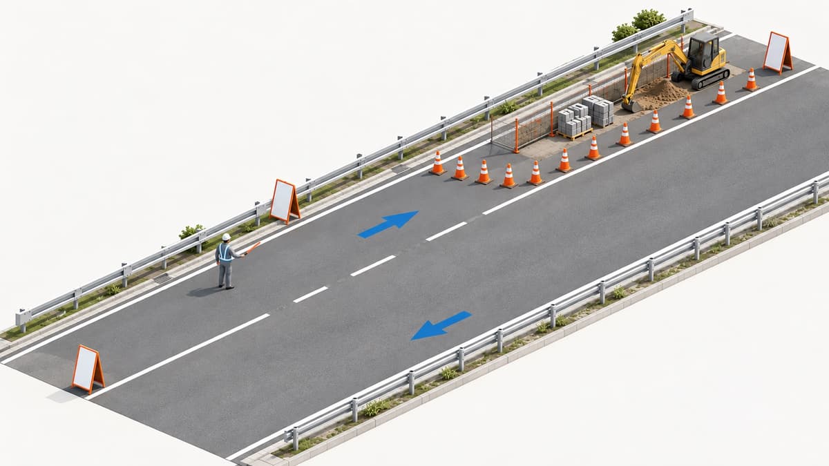 片側の車線をコーンで絞り、標識と誘導員を配置した道路工事の様子を、斜め上から見た立体的な図解で表現