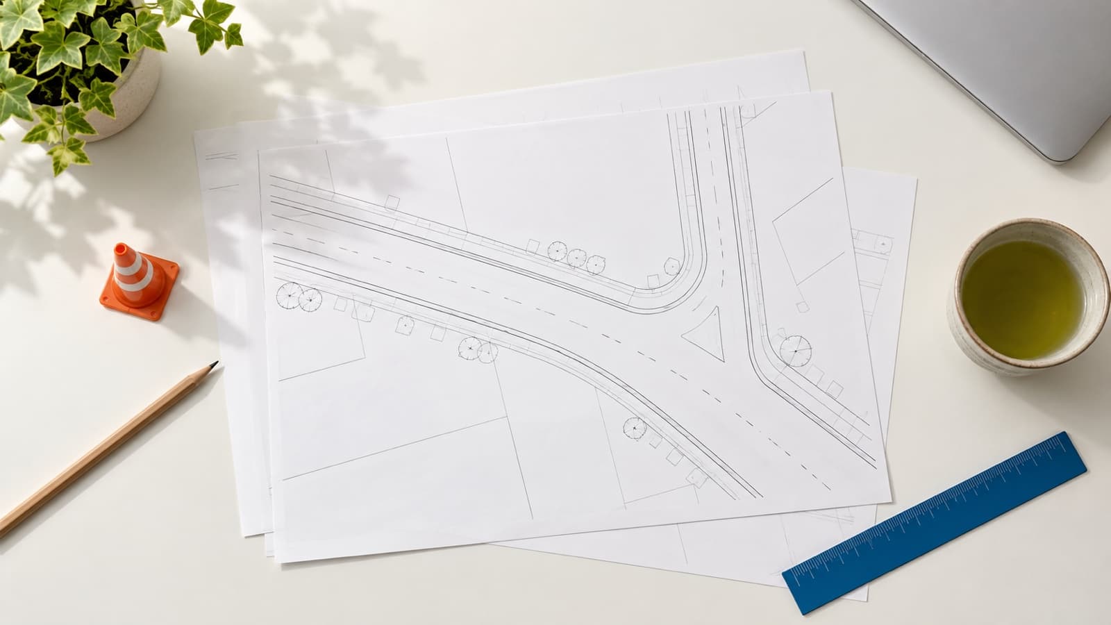 事務所の机に広げた道路の図面と、オレンジ色のコーンの模型、瑠璃色の定規が並ぶ様子を真上から撮った写真