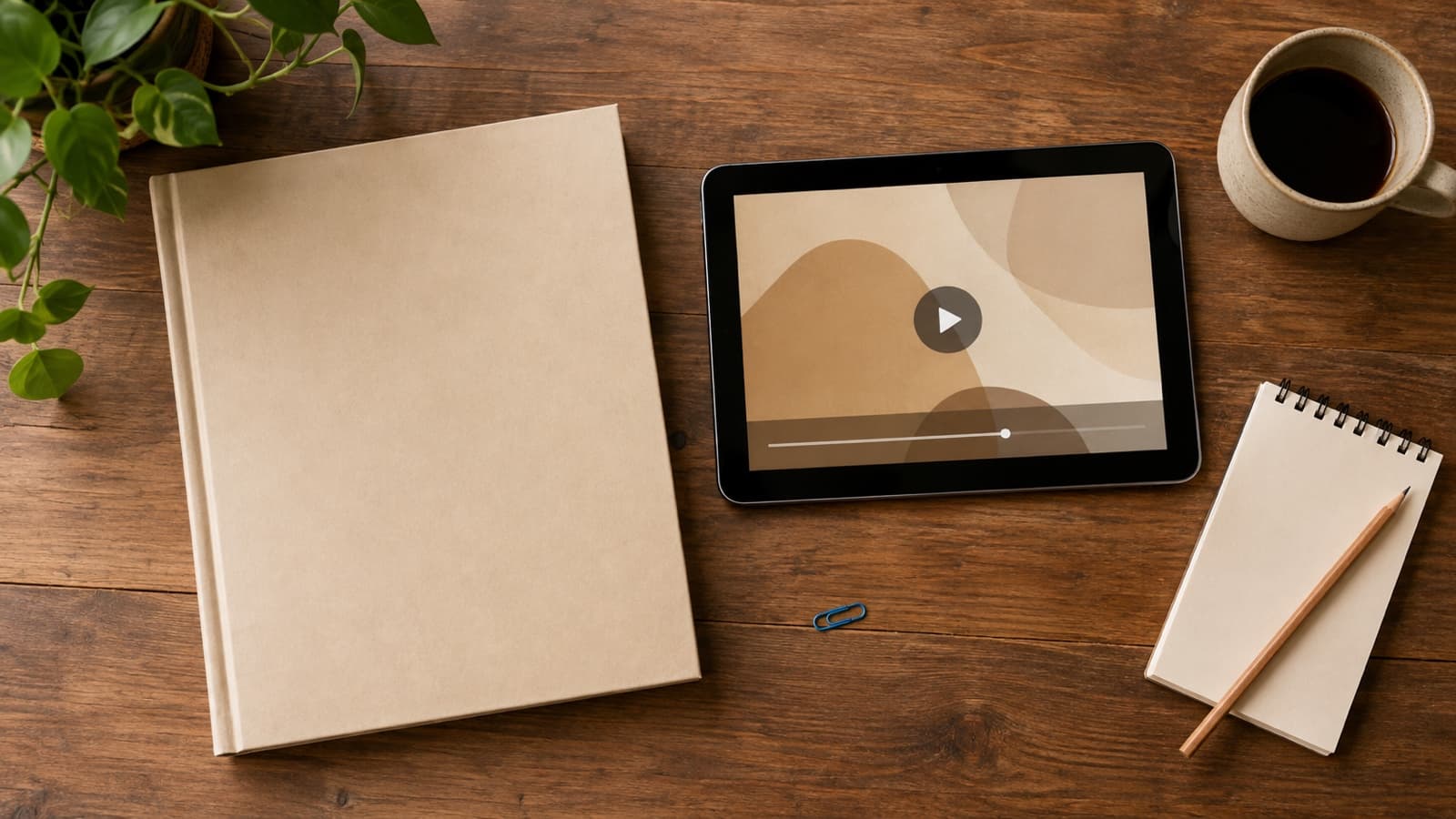 中小企業の机の上に置かれた分厚いマニュアルPDFの束と、その横のタブレットで再生されている動画のイメージ