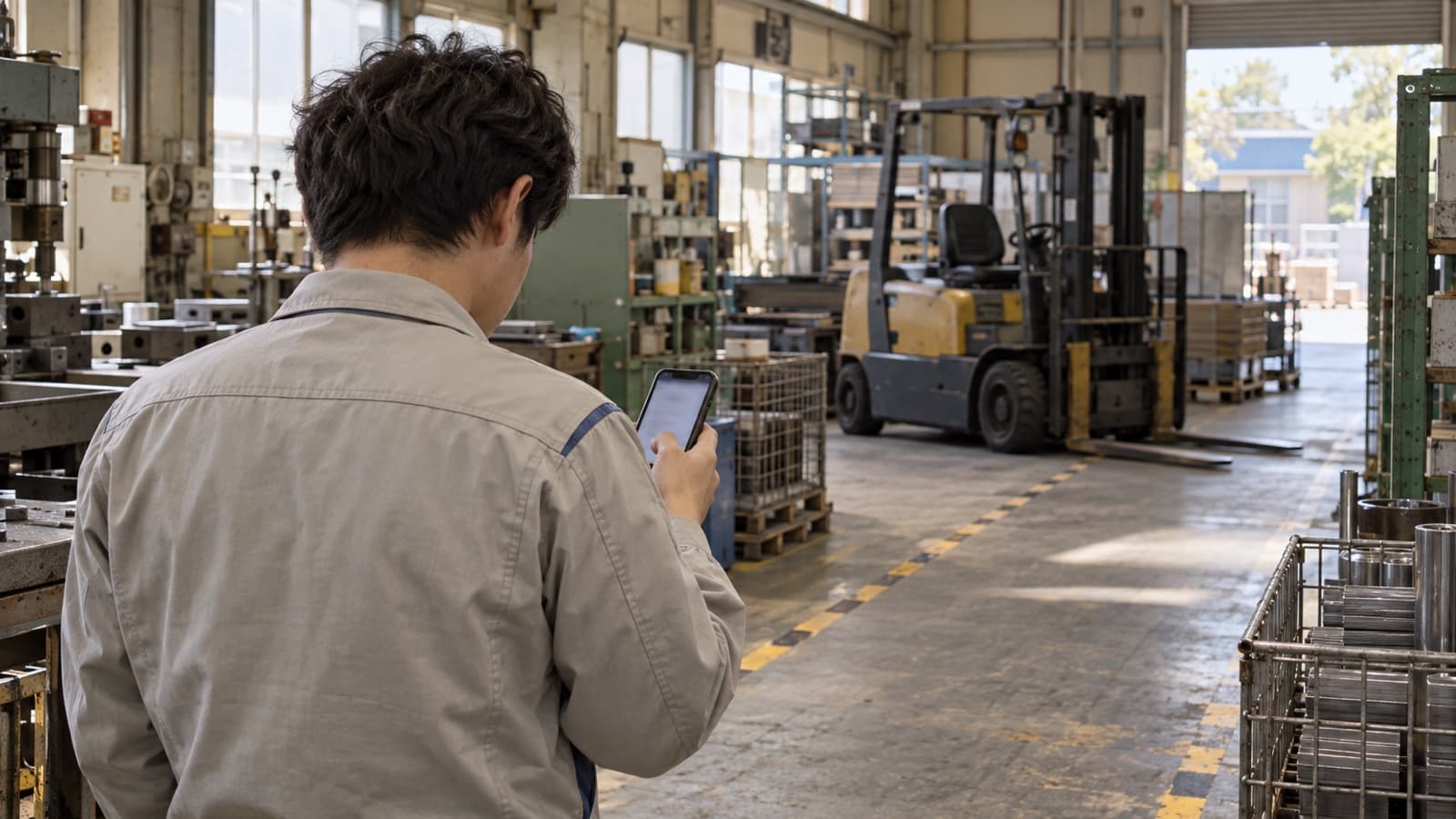 町工場の通路で、作業着の人が後ろ姿でスマートフォンを見ている写真。奥にフォークリフトと部品の棚、床には黄色と黒の安全ラインが引かれている