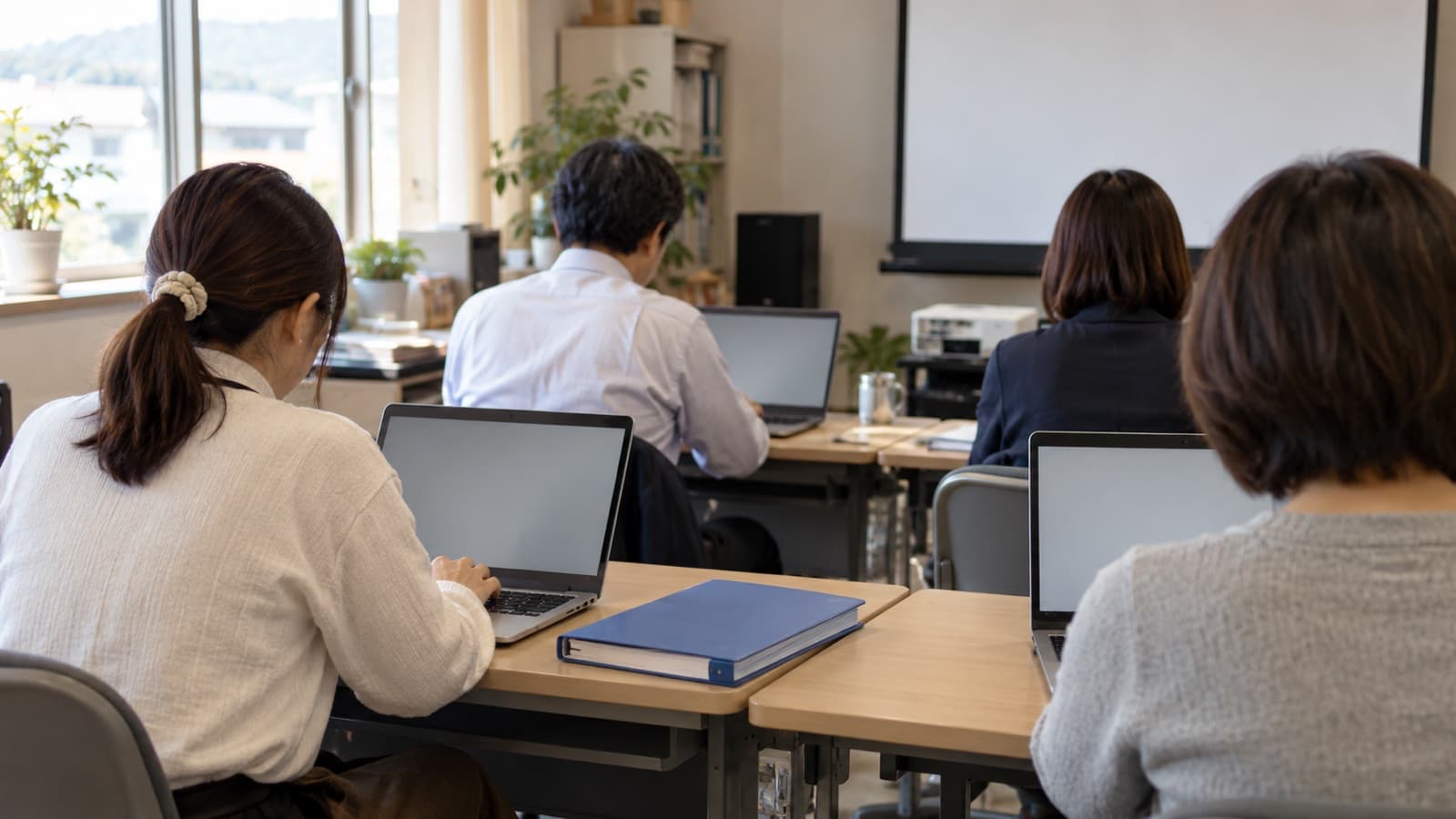 小さな会議室で研修を受ける人たちの後ろ姿。窓からの自然光が机のノートPCと資料を照らすドキュメンタリー写真