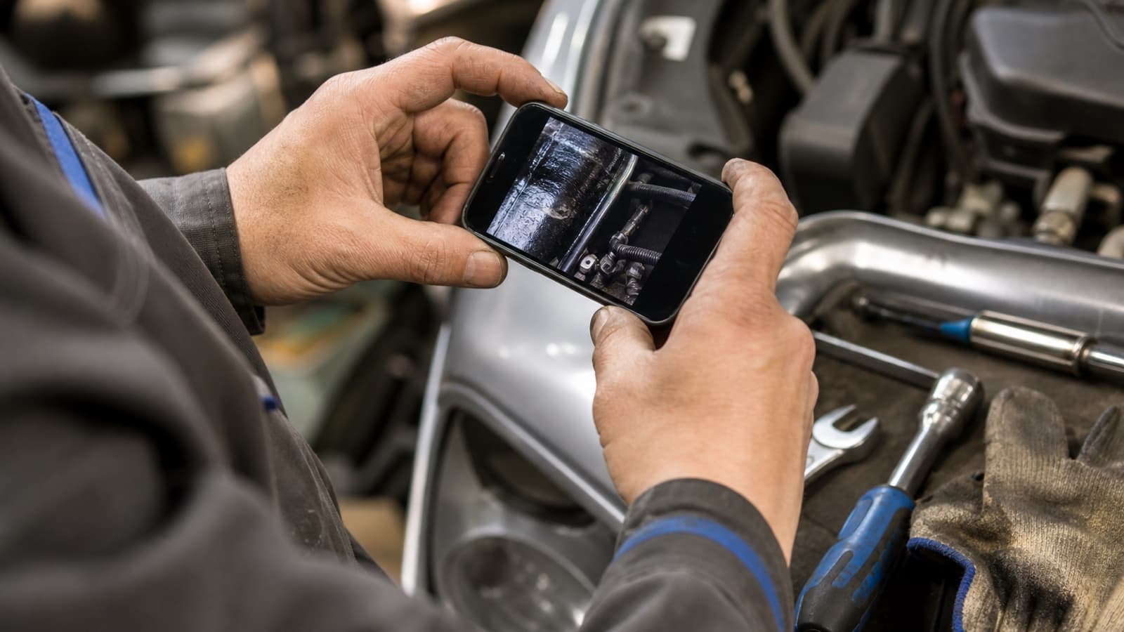 自動車整備工場で、修理車両をスマホで撮影し車両情報とひもづけて記録する現場のイメージ