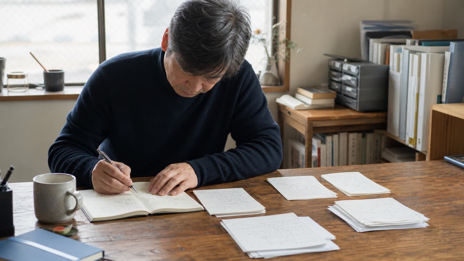 名古屋の中小企業の社長が机の上で「任せる仕事」と「自分で握る仕事」を仕分けするドキュメンタリー写真イメージ