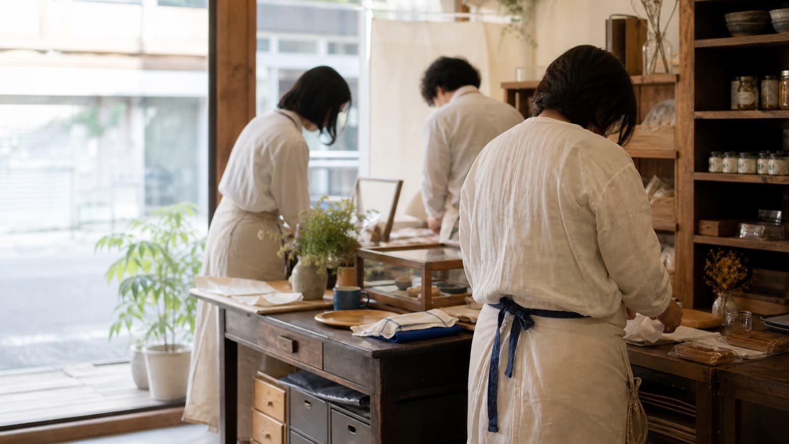 町の小さな事業所で、少人数がAIを味方に前向きに働く温かいイメージ