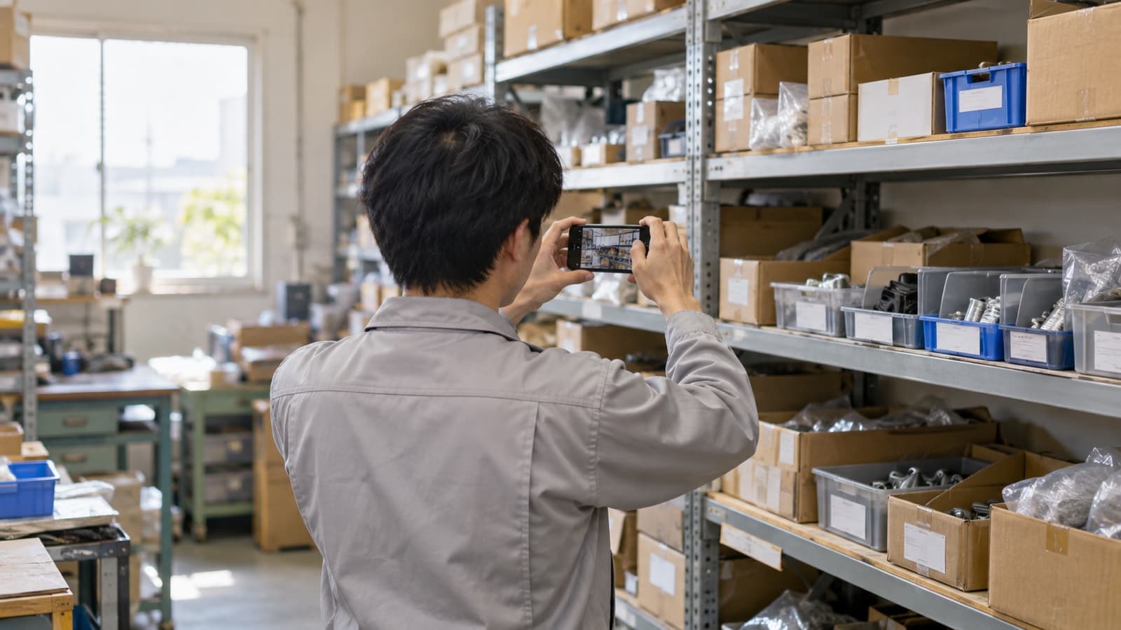地方の小さな部品倉庫で、スチール棚に並ぶ段ボールと部品箱に向けて、作業着の人がスマホを構えている後ろ姿