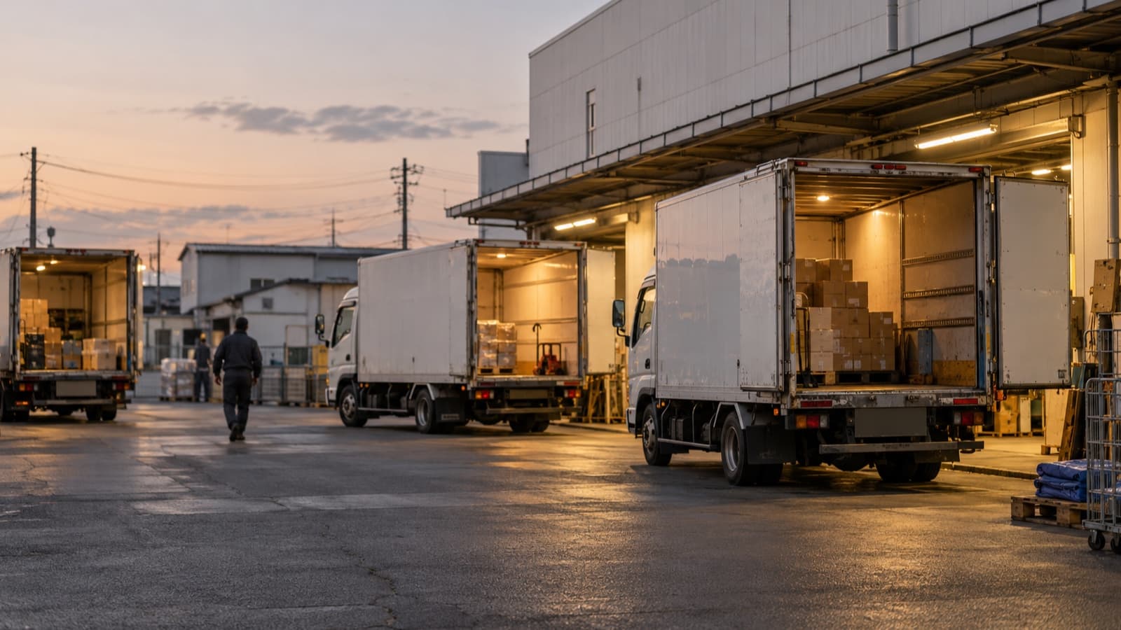 夕方の物流拠点。荷台の扉を開けたトラックが並び、作業灯がやわらかく灯るドキュメンタリー写真
