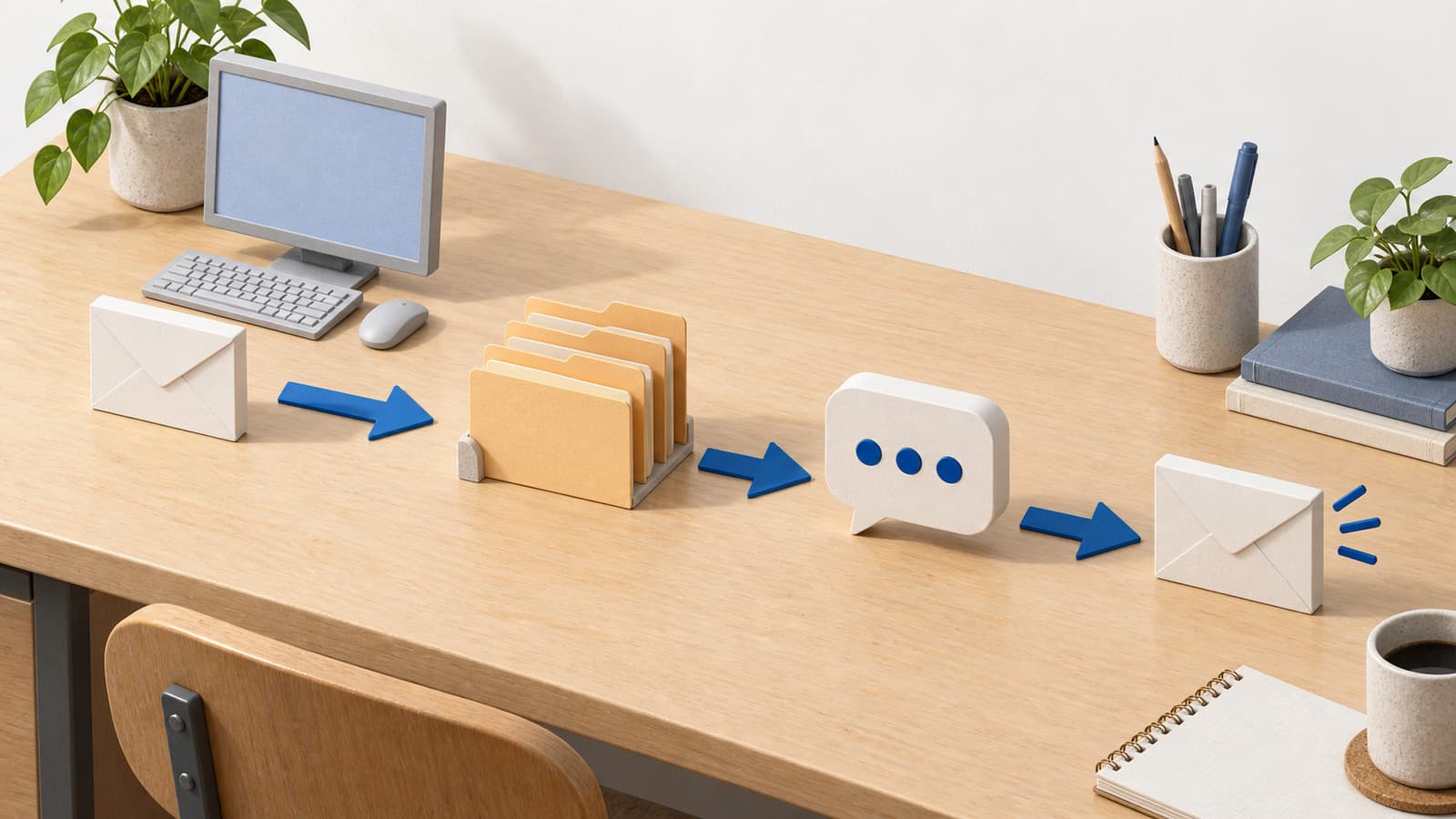 Google Workspace Studioに追加された4つのアクションステップ(ファイル移動・コピー・Chat返信・メール返信)が業務フローに組み込まれる様子を、机上の道具の立体的な配置で象徴的に示すイメージ