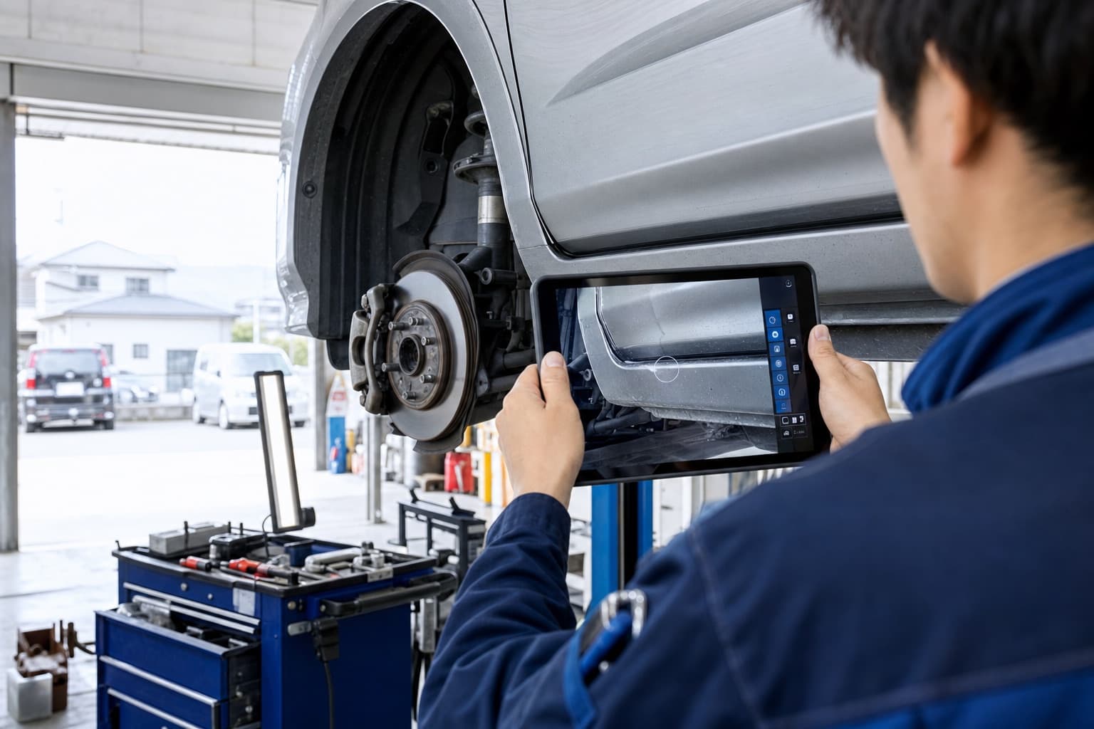 自動車整備工場で車両を撮影記録するイメージ