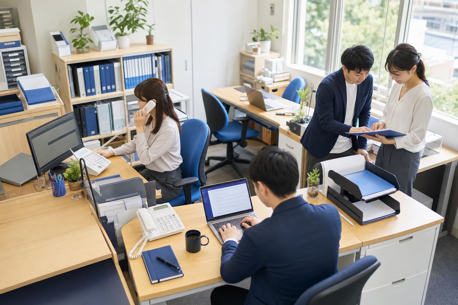 複数の業務が同時に回る小さな会社のオフィスのイメージ
