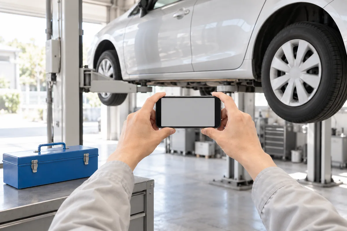 整備工場で、車の横からスマートフォンで撮影する作業着の手元