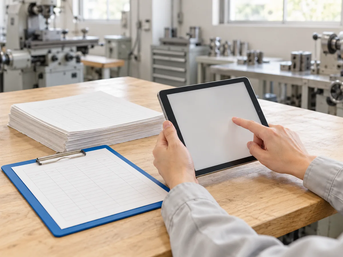 町工場の作業台で、帳票の束の横でタブレットに入力する作業着の手元