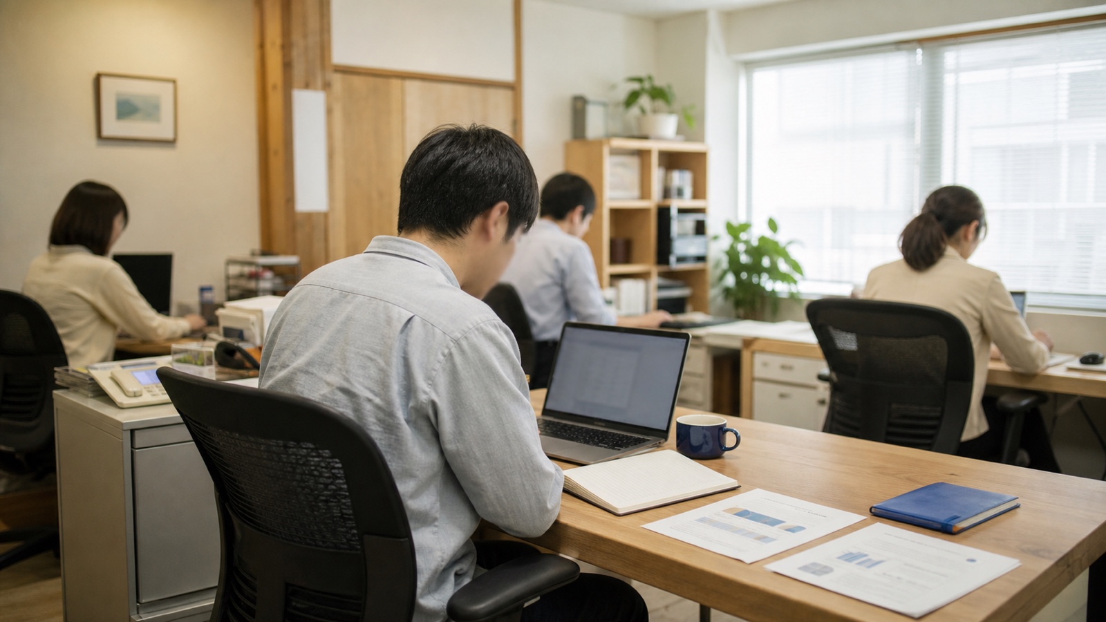 社長のデスクに"使う頻度""浮いた時間""波及"の3つのモノサシがカードで並び、その先の社員数名にAIツールが厚く配られていくフラットイラストイメージ