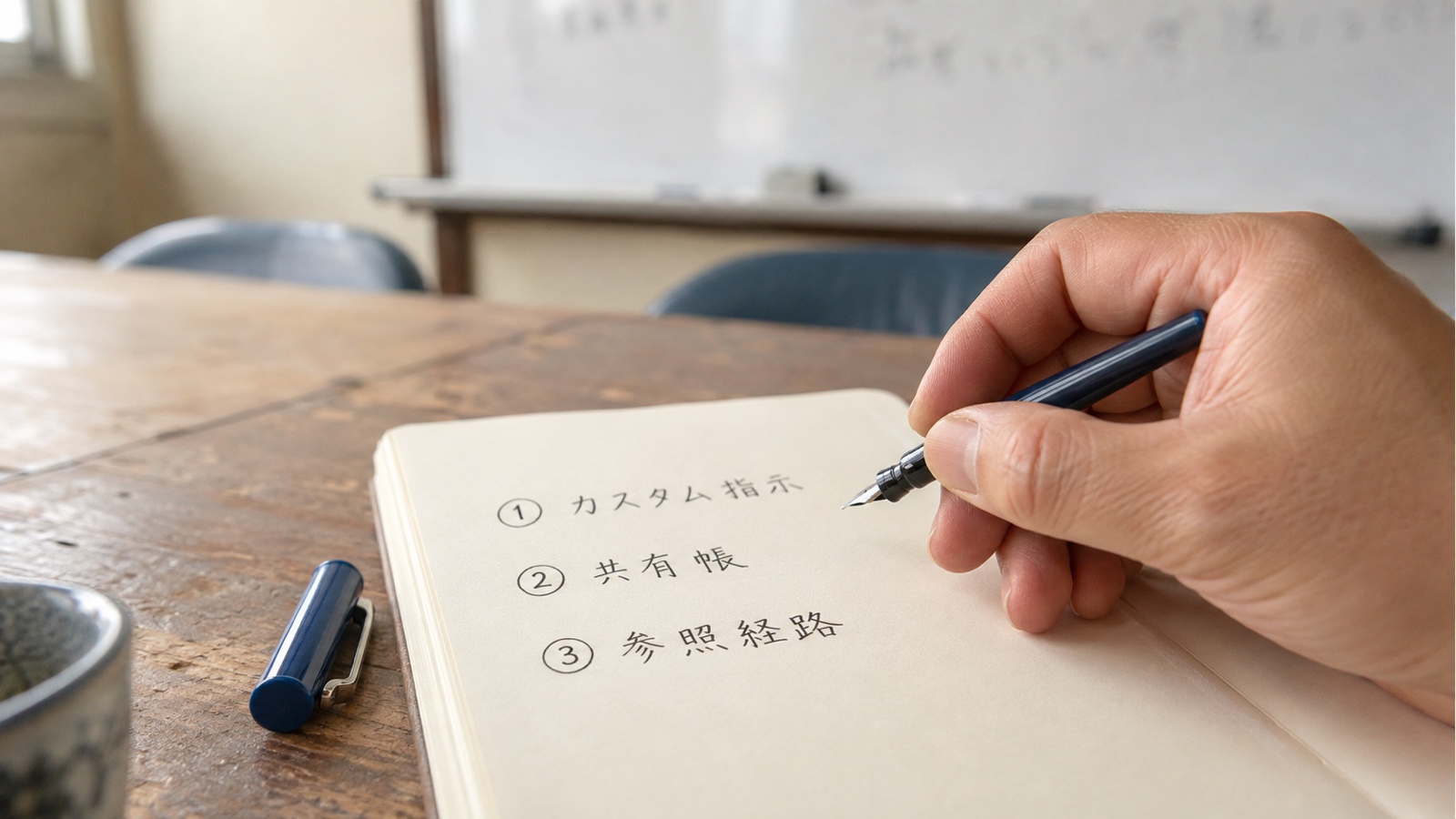 会議室のホワイトボードにプロンプト共有帳の3列表とカスタム指示のメモが並び、その手前でノートに書き取る手元のクローズアップイメージ
