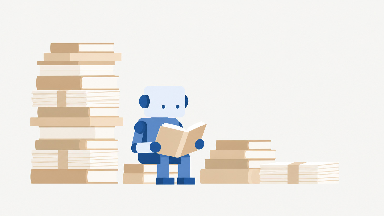 長い社内資料の束と、それを黙々と読むAIが並ぶフラットイラスト。読み返しのコストが下がる意味を象徴する構図