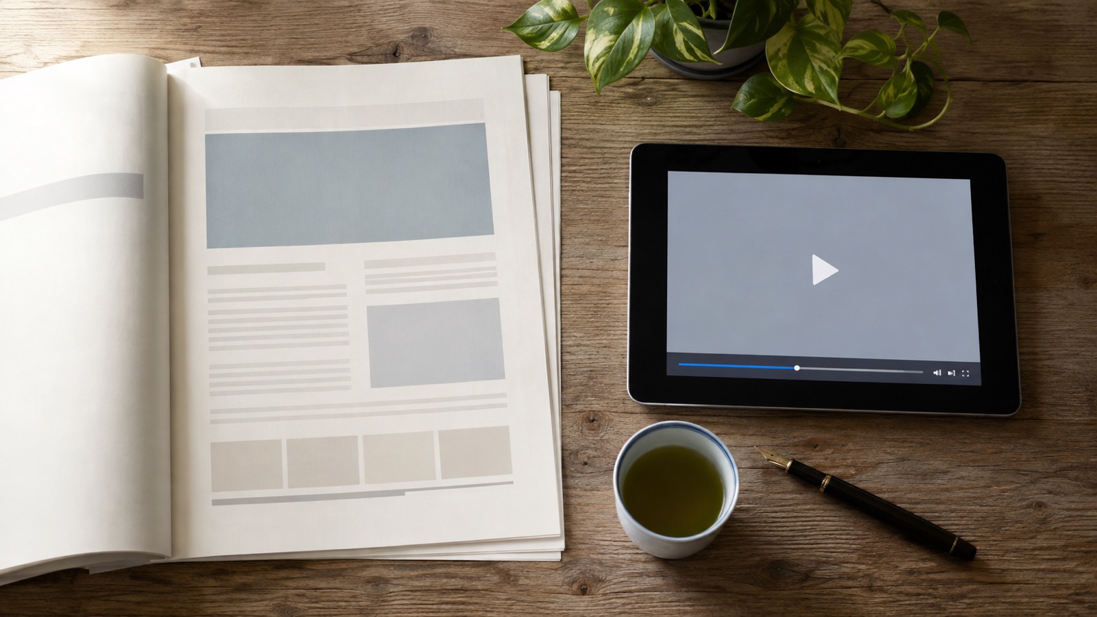 業務マニュアルPDFの横に、その内容を要約した動画がタブレットで再生されている机上の光景