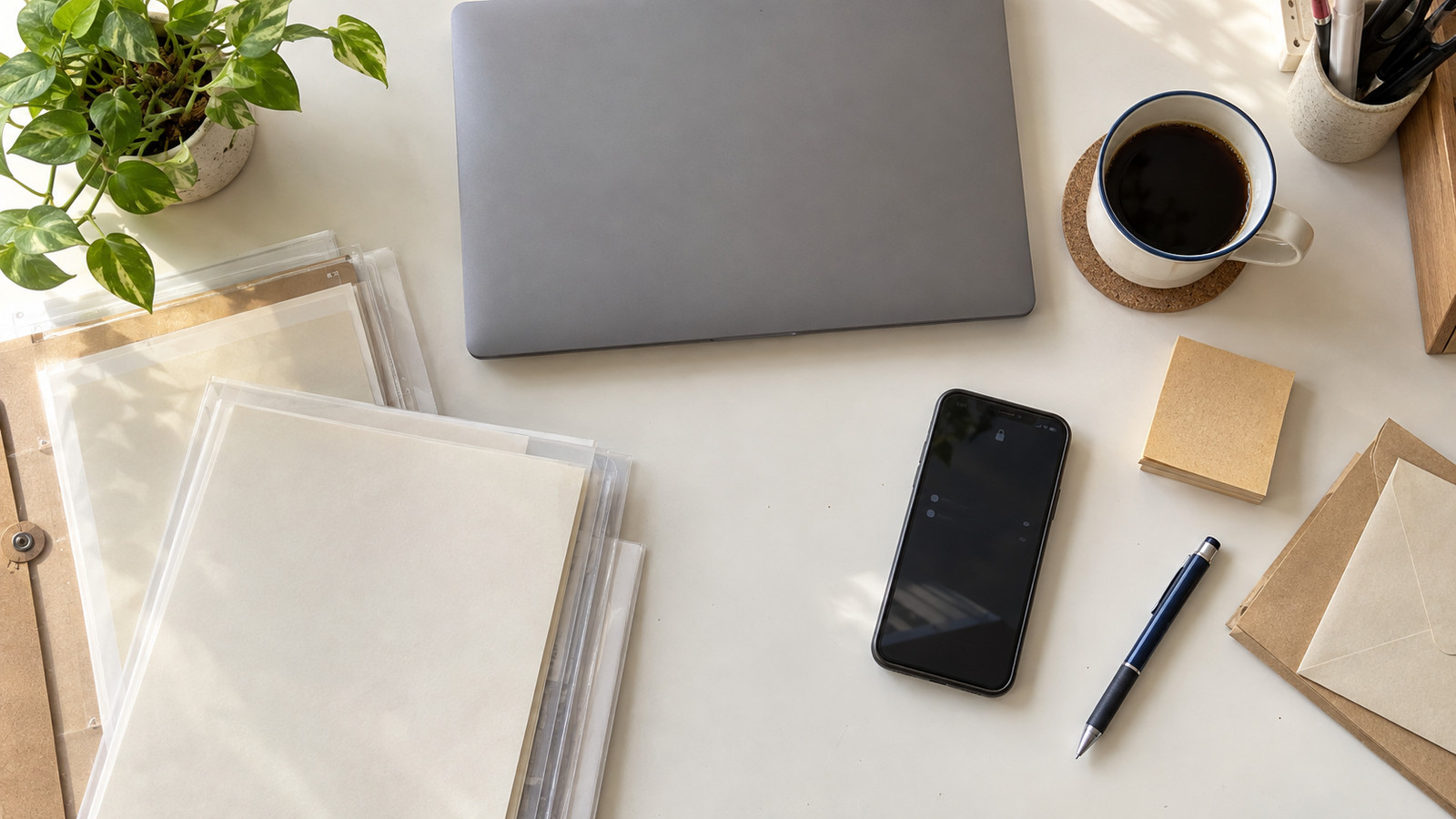 Workspace Studioの中で「受信・仕分け・通知・返信」の4アクションが実際の業務書類・PC・スマホと一緒に並ぶ、机上のフラットレイ写真